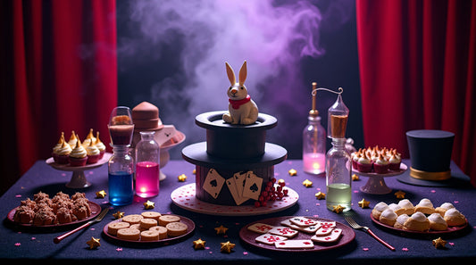 Magic-themed birthday party table featuring a magician’s top hat cake, wand cupcakes, playing card cookies, and mystical decorations. Perfect for a magical birthday celebration.
