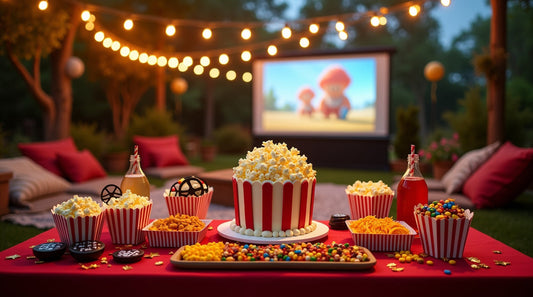 Thematic Movie Night Outdoor setup with popcorn and candy.