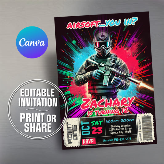 Airsoft Birthday Invitation - Paintball Gun Party Invite