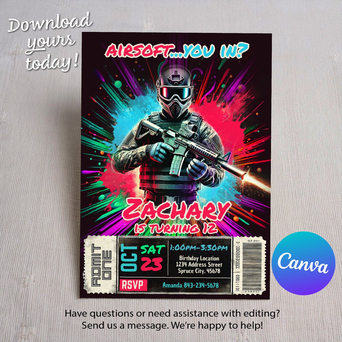 Airsoft Birthday Invitation - Paintball Gun Party Invite