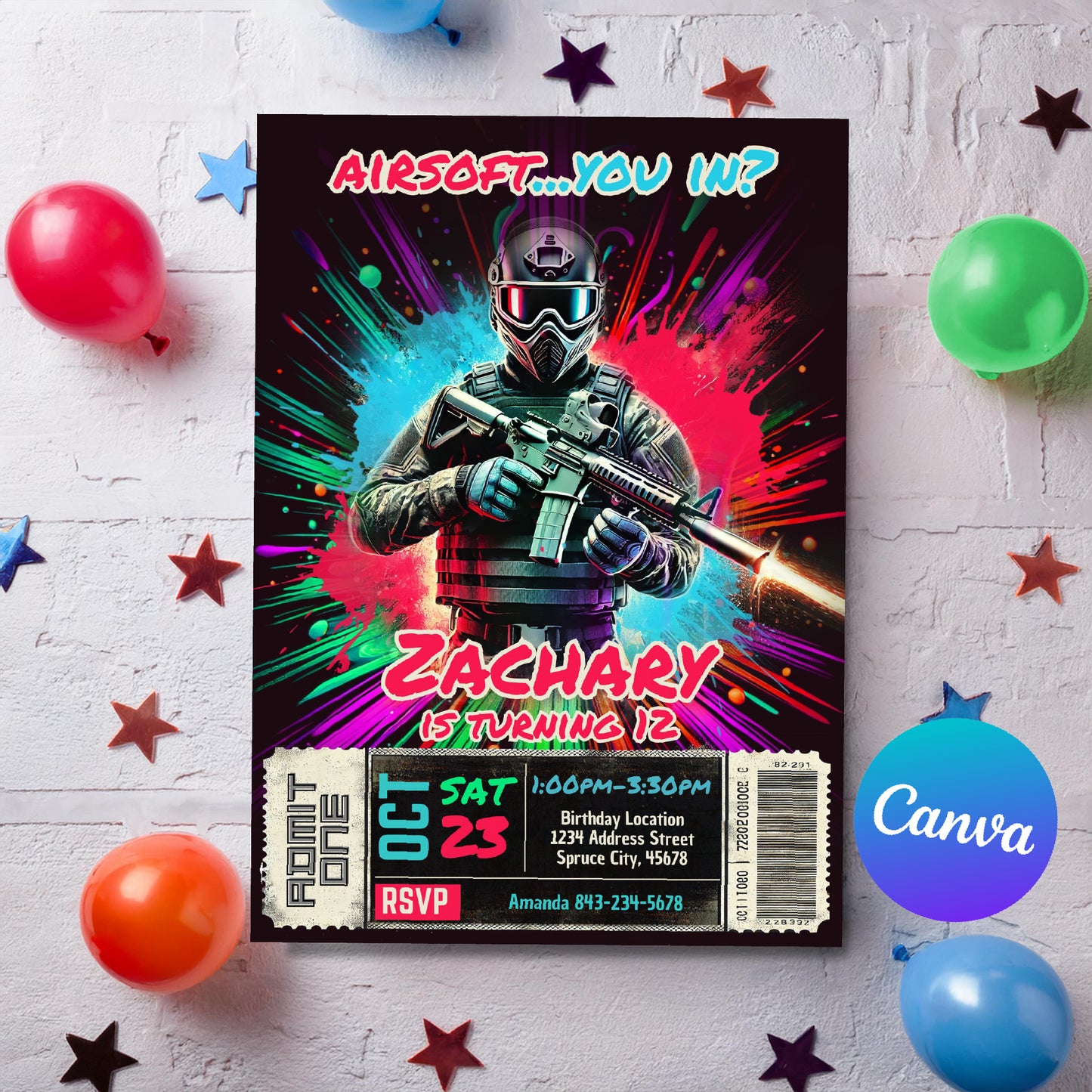 Airsoft Birthday Invitation - Paintball Gun Party Invite