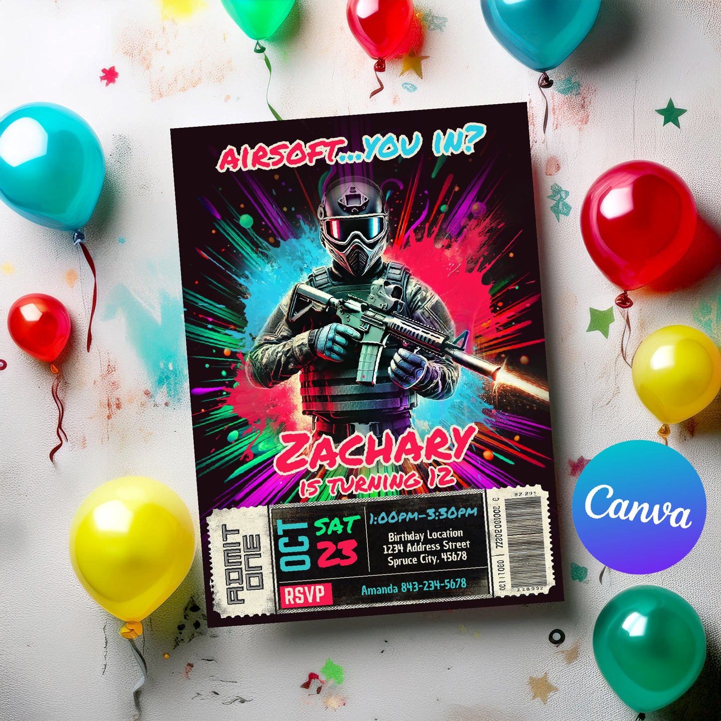 Airsoft Birthday Invitation - Paintball Gun Party Invite