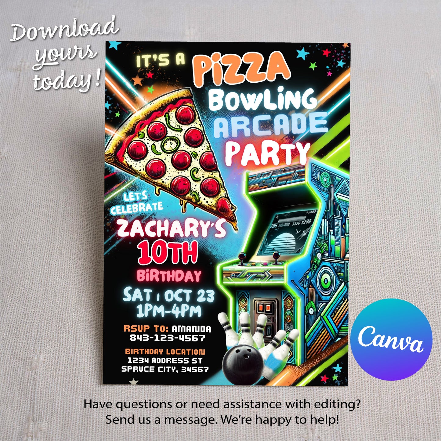 Bowling Arcade Birthday Invite | Pizza Party Invitation