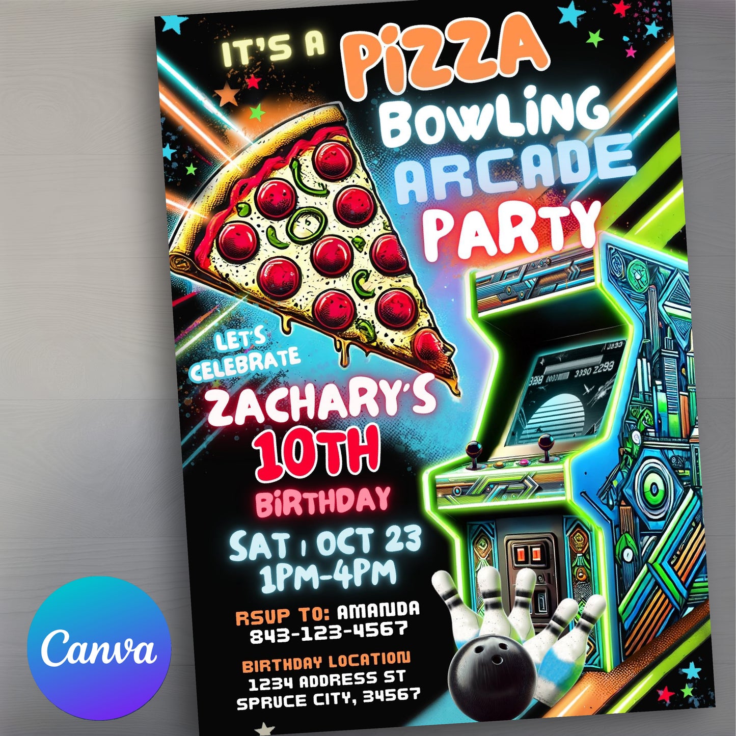 Bowling Arcade Birthday Invite | Pizza Party Invitation