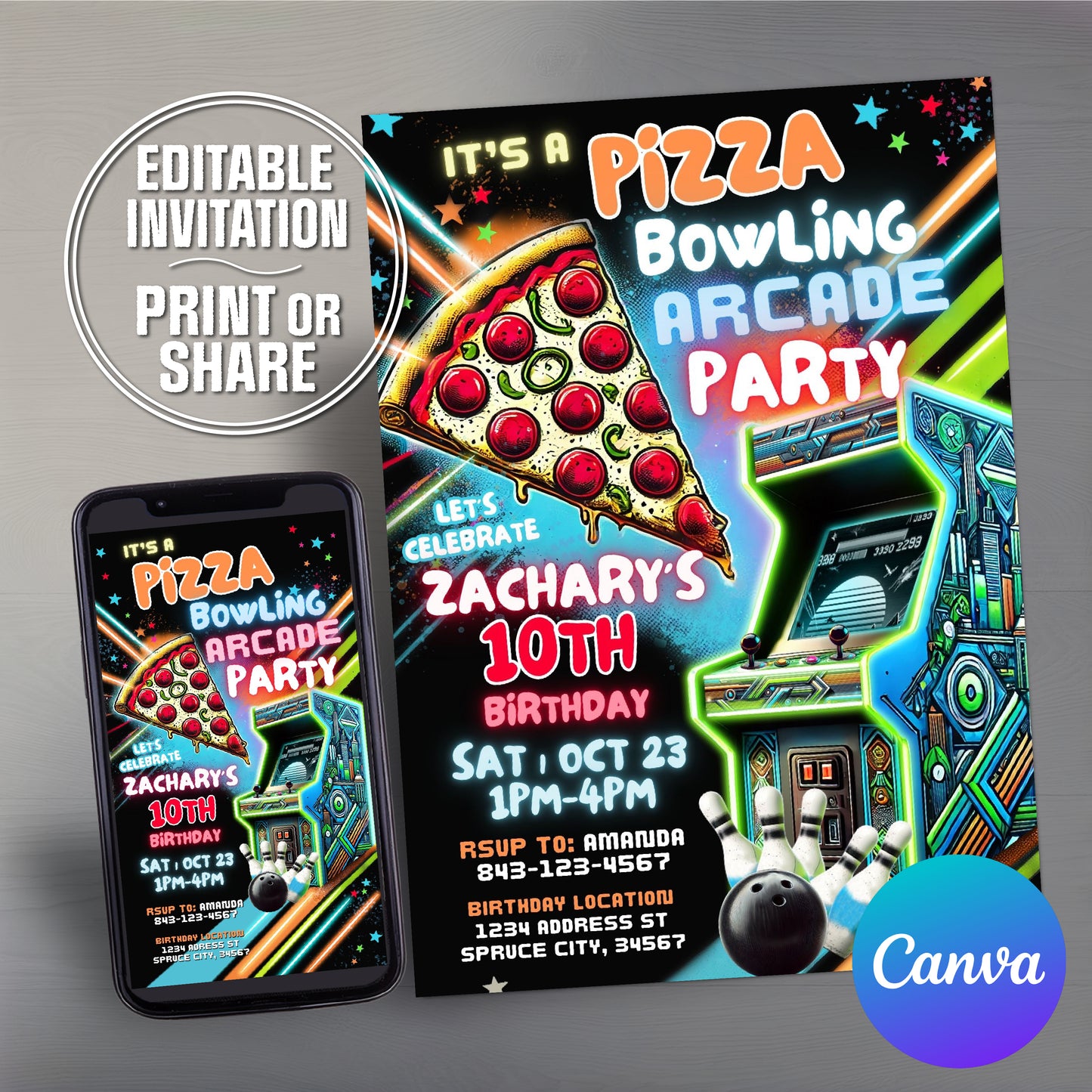 Bowling Arcade Birthday Invite | Pizza Party Invitation