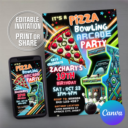 Bowling Arcade Birthday Invite | Pizza Party Invitation