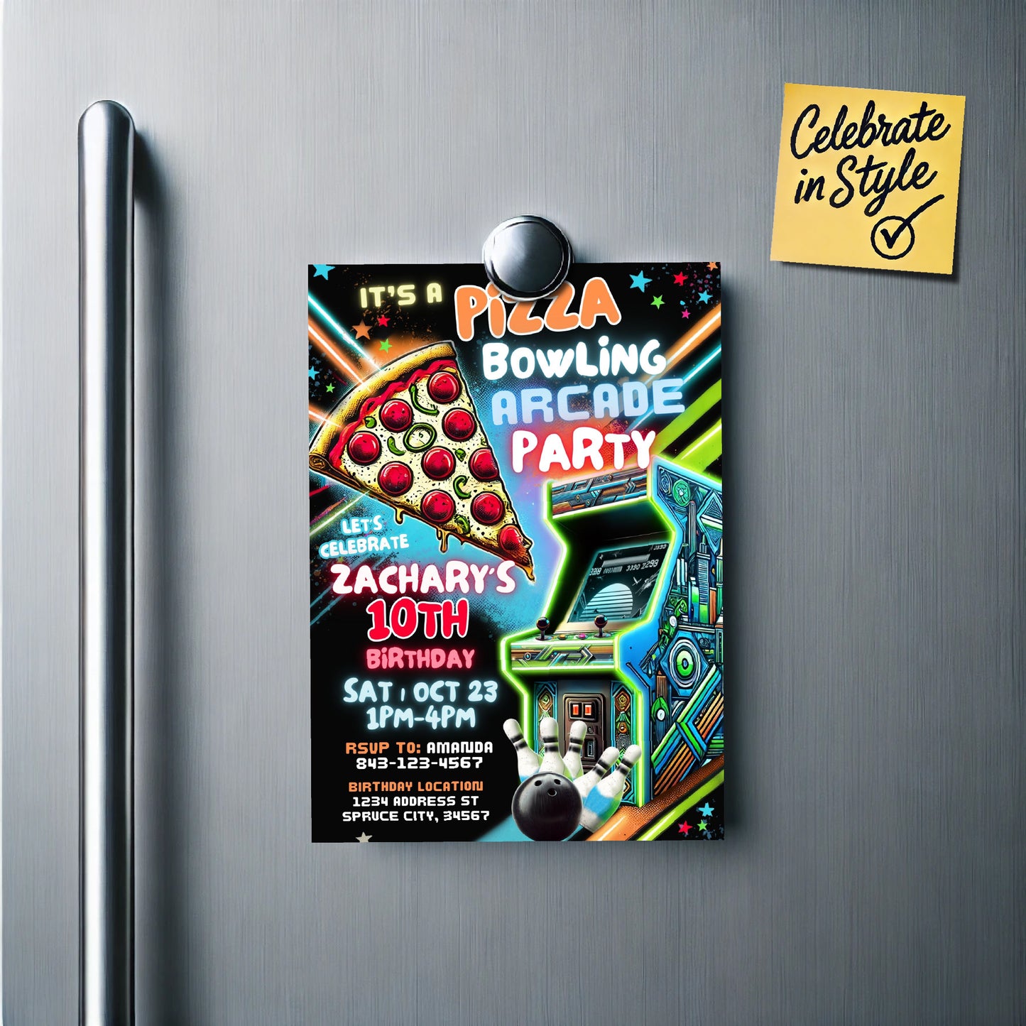 Bowling Arcade Birthday Invite | Pizza Party Invitation
