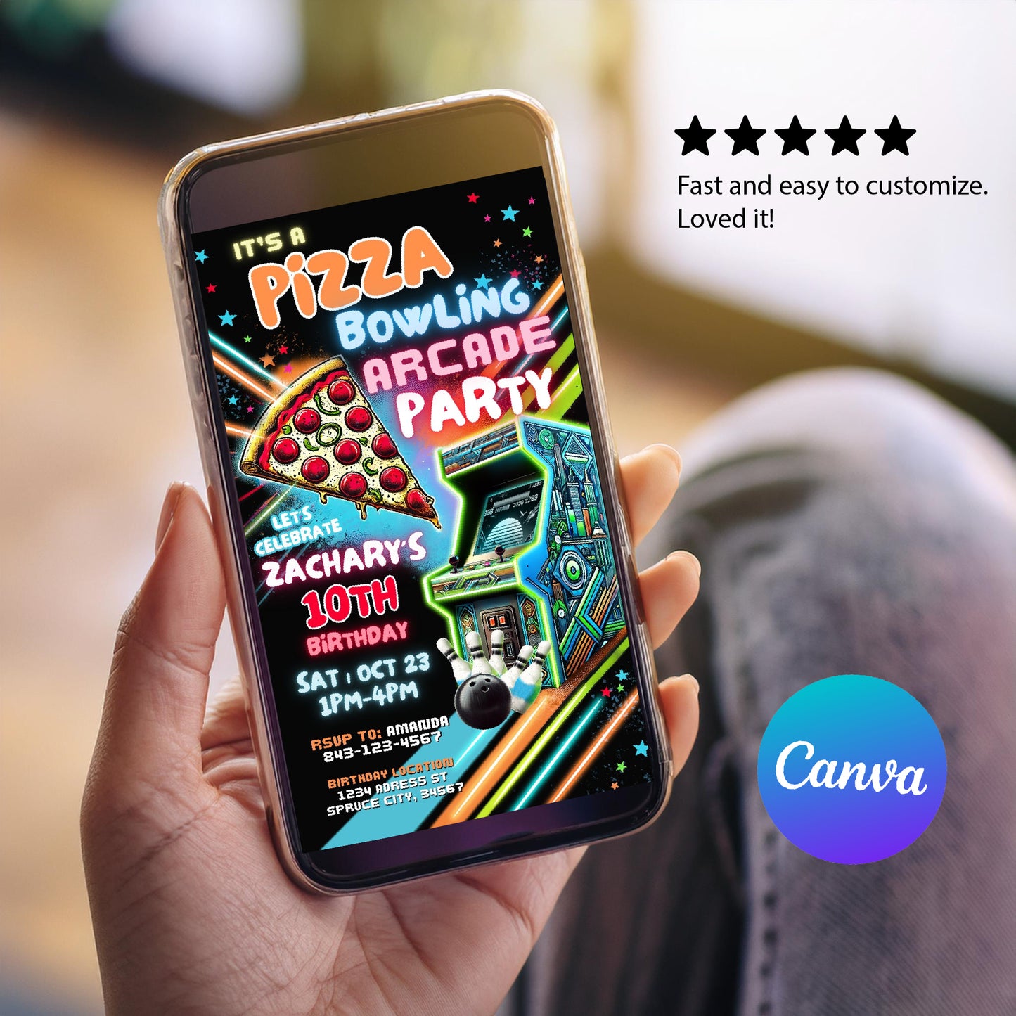Bowling Arcade Birthday Invite | Pizza Party Invitation