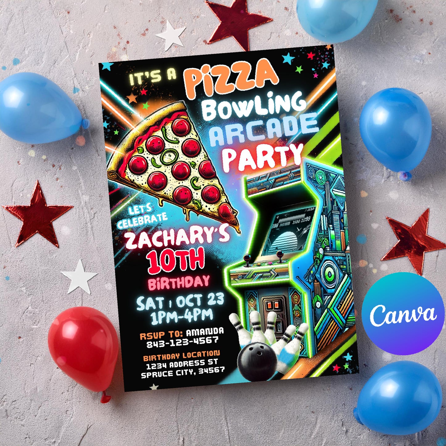 Bowling Arcade Birthday Invite | Pizza Party Invitation