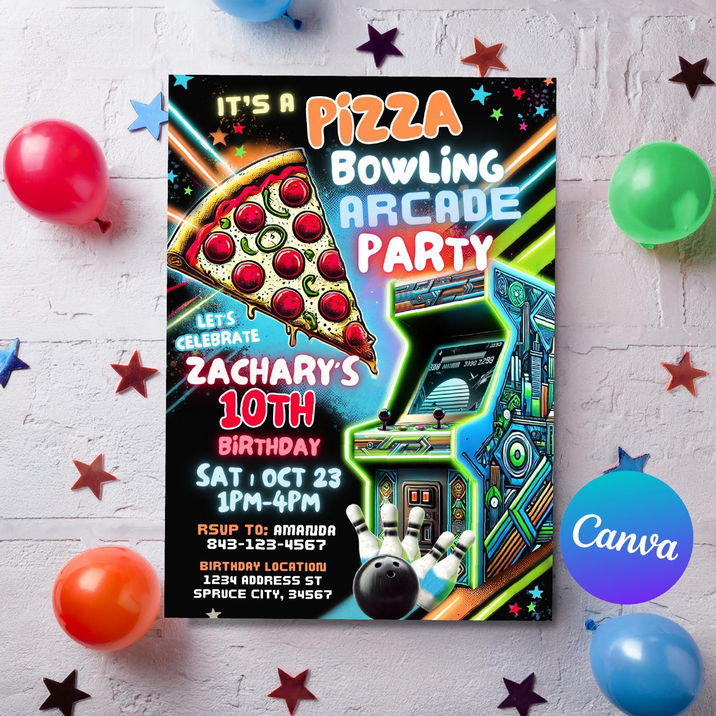 Bowling Arcade Birthday Invite | Pizza Party Invitation