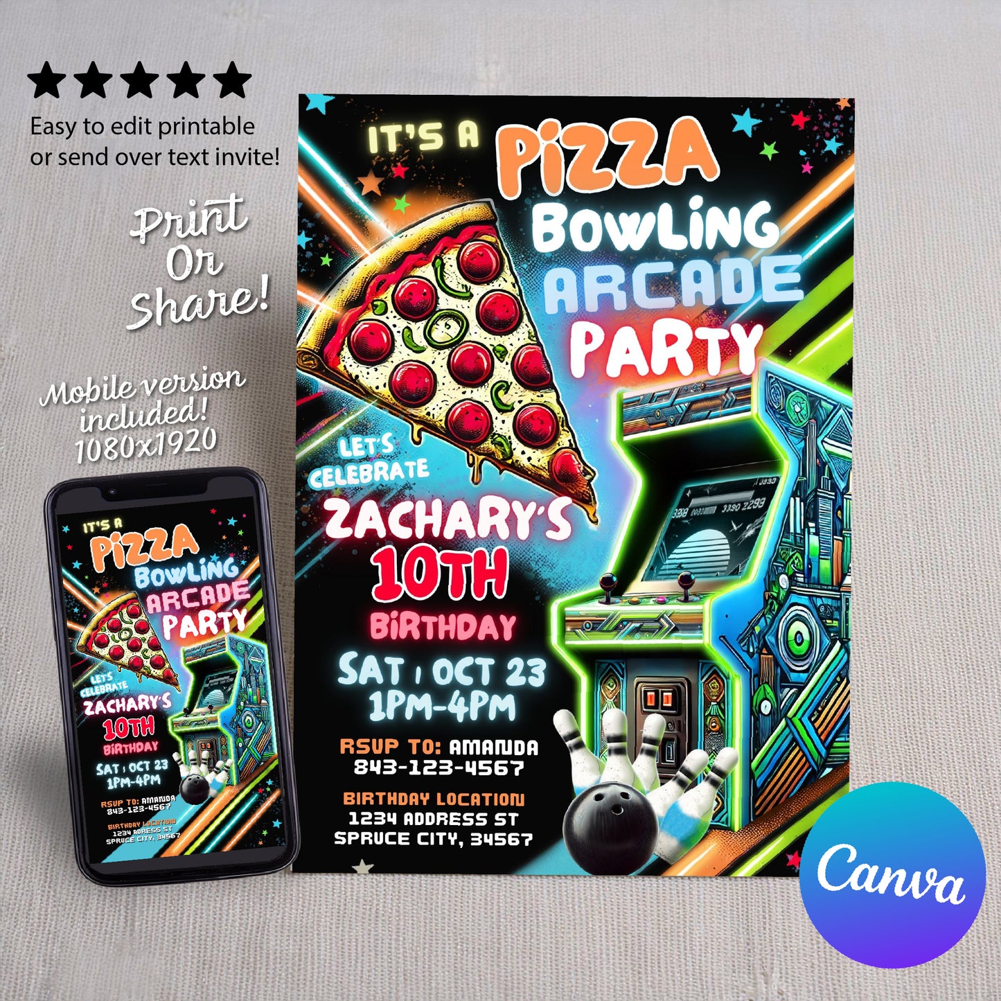 Bowling Arcade Birthday Invite | Pizza Party Invitation
