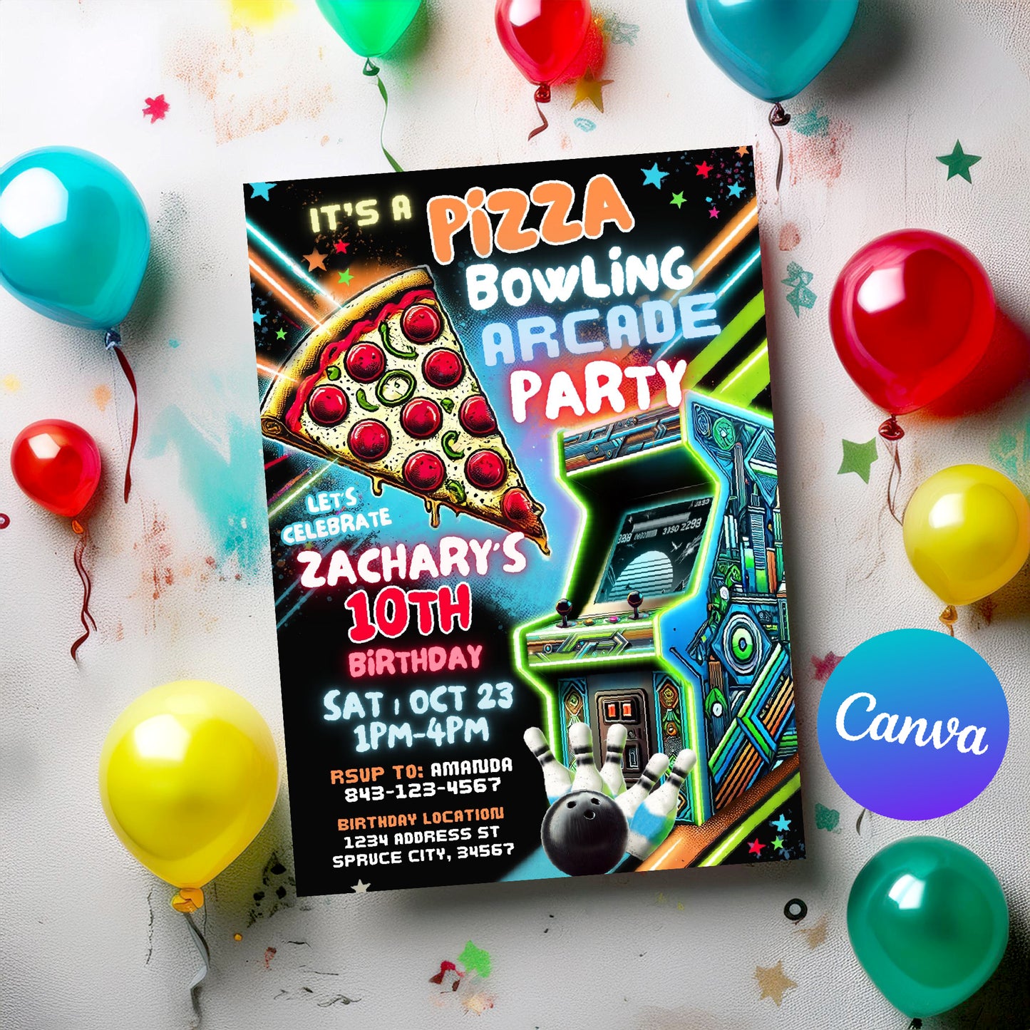 Bowling Arcade Birthday Invite | Pizza Party Invitation