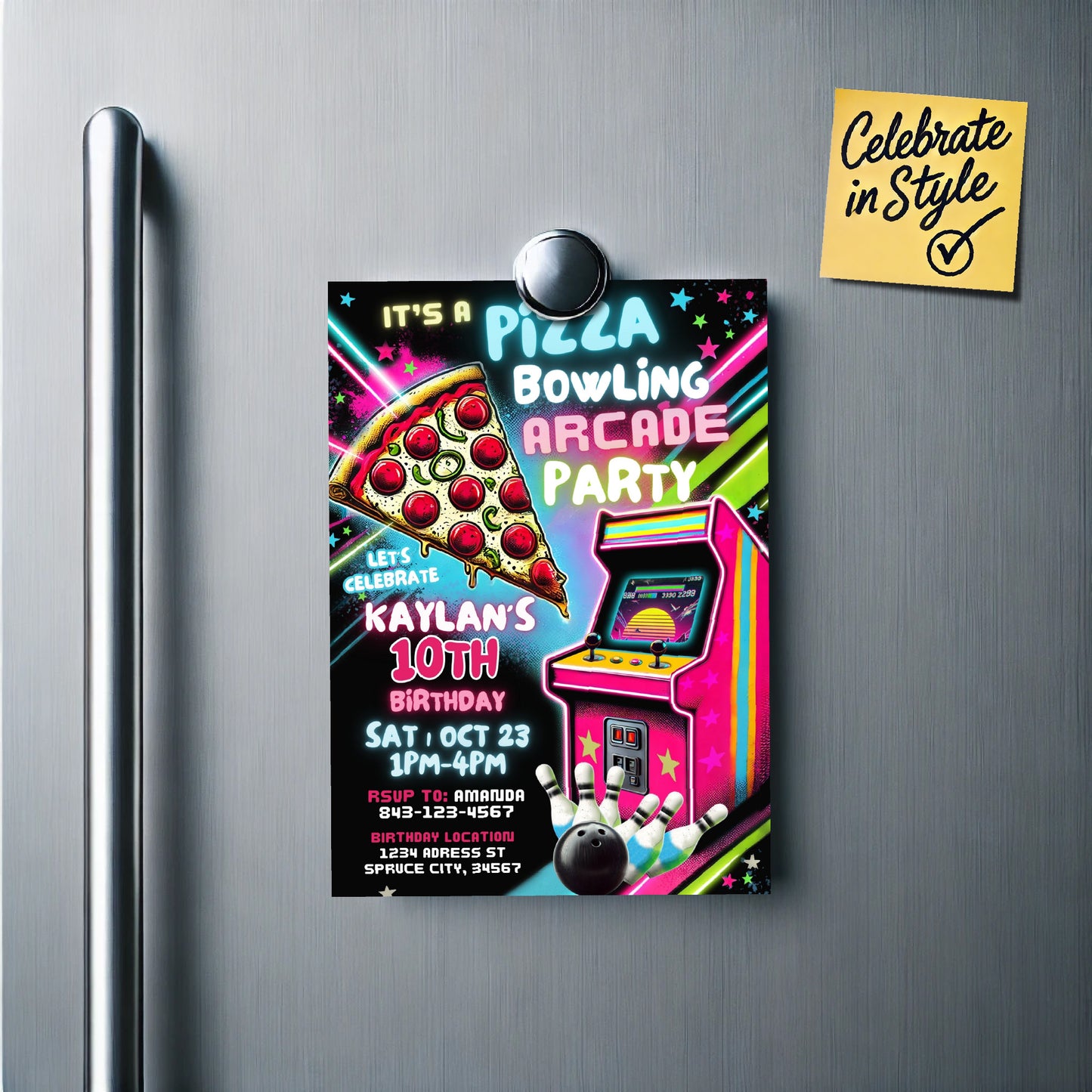 Bowling Arcade Birthday Invitation | Pizza Party Invitation