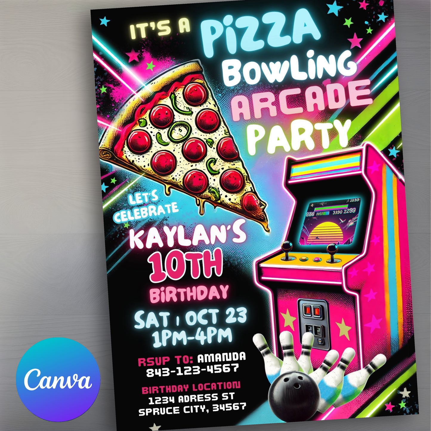 Bowling Arcade Birthday Invitation | Pizza Party Invitation