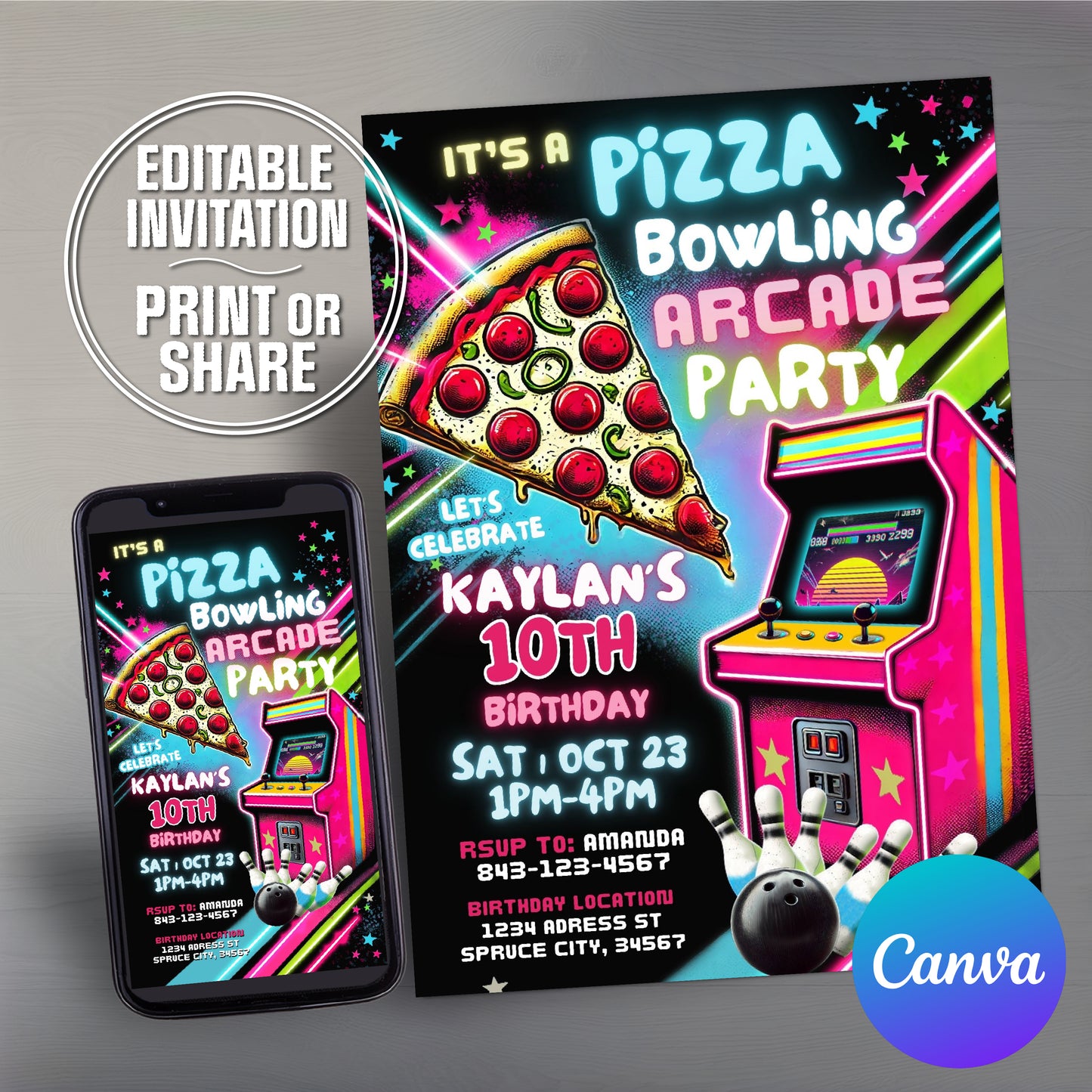 Bowling Arcade Birthday Invitation | Pizza Party Invitation