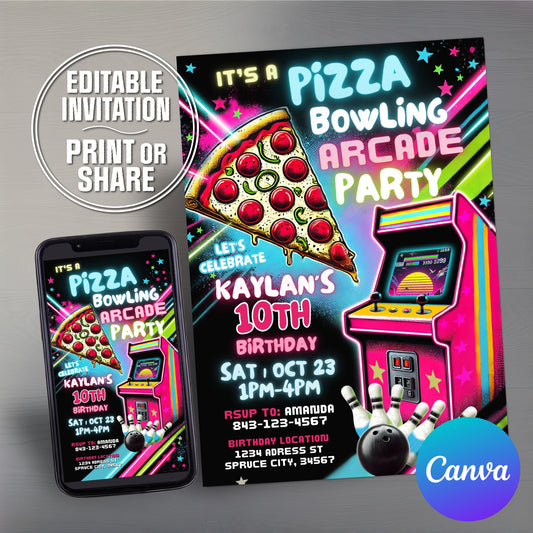 Bowling Arcade Birthday Invitation | Pizza Party Invitation