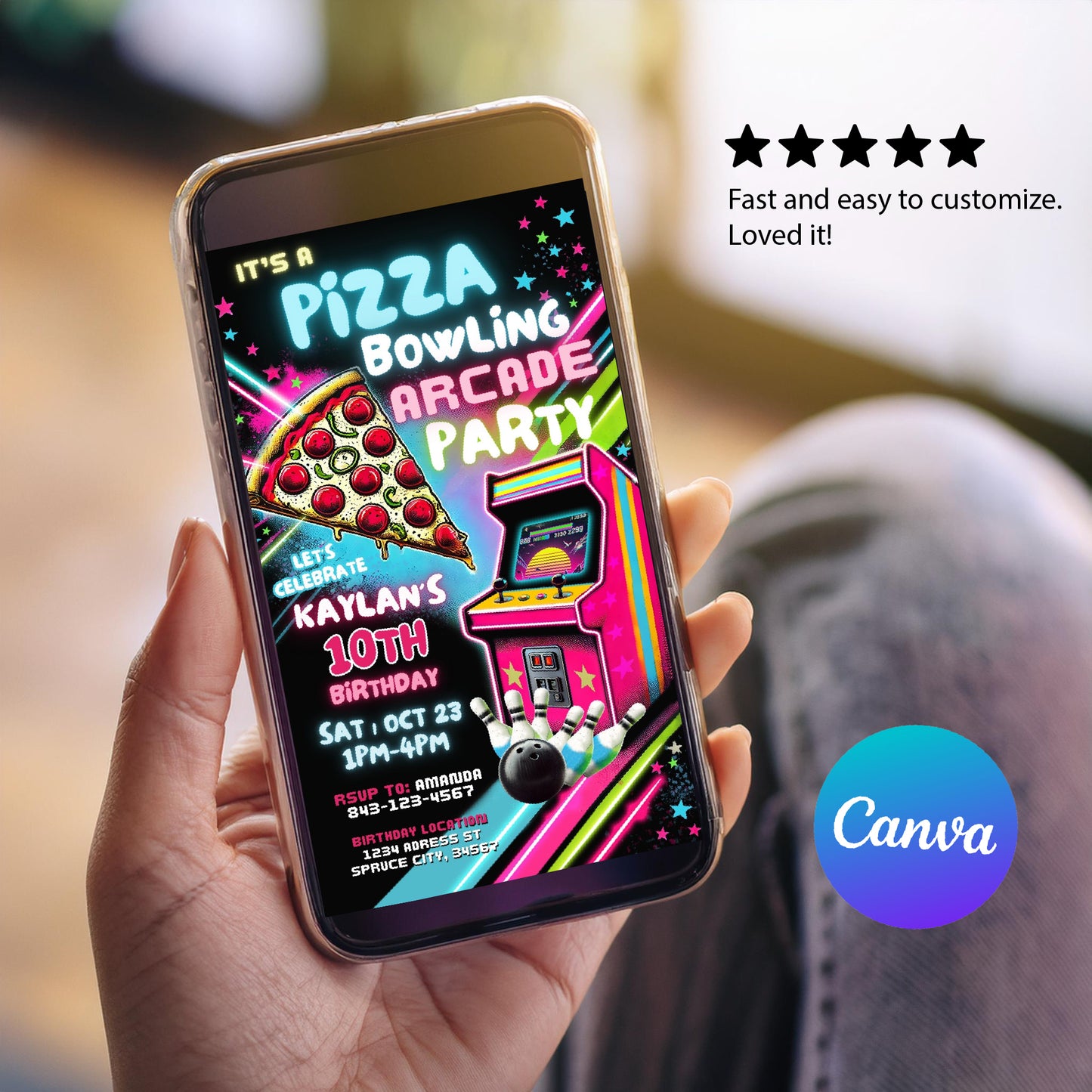 Bowling Arcade Birthday Invitation | Pizza Party Invitation