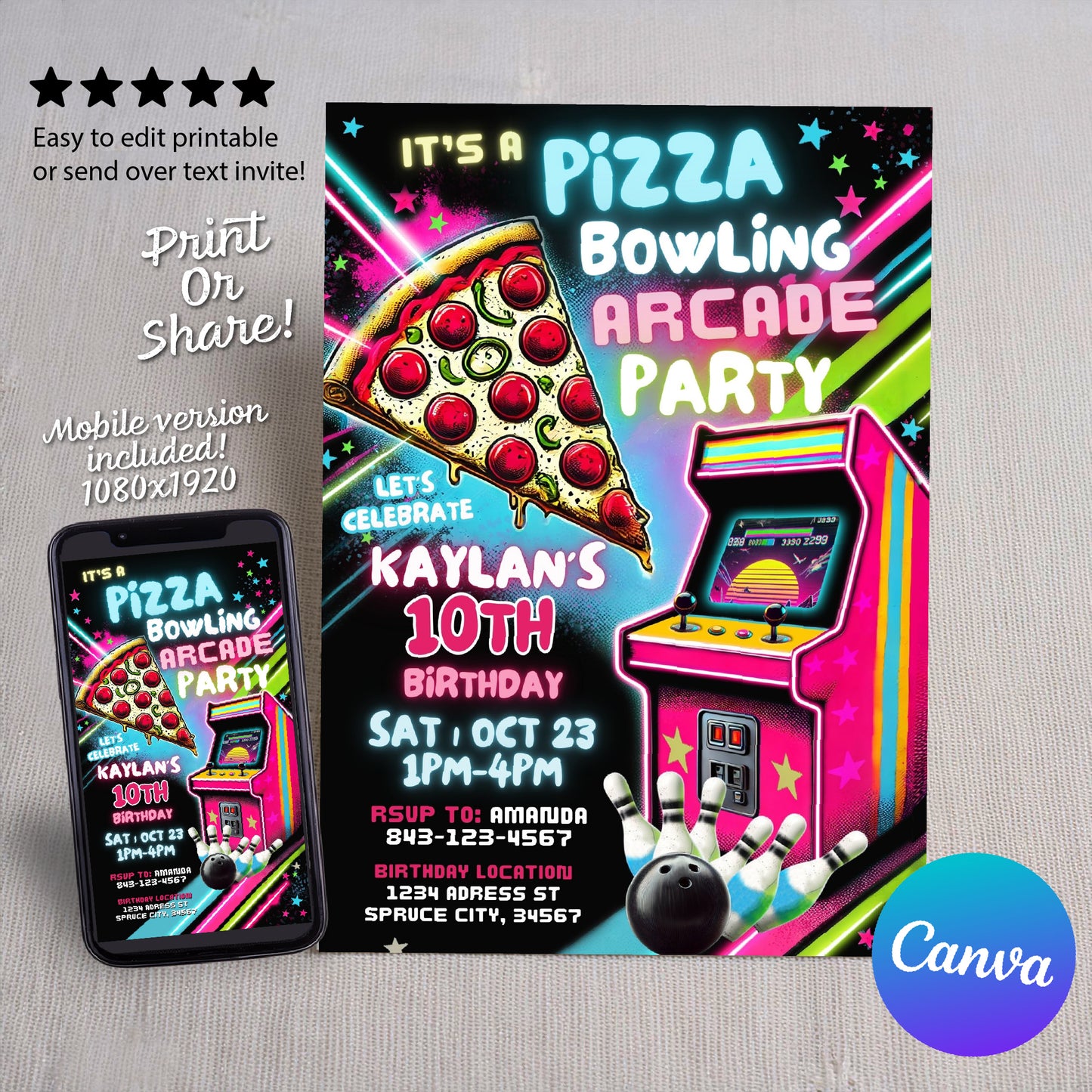 Bowling Arcade Birthday Invitation | Pizza Party Invitation