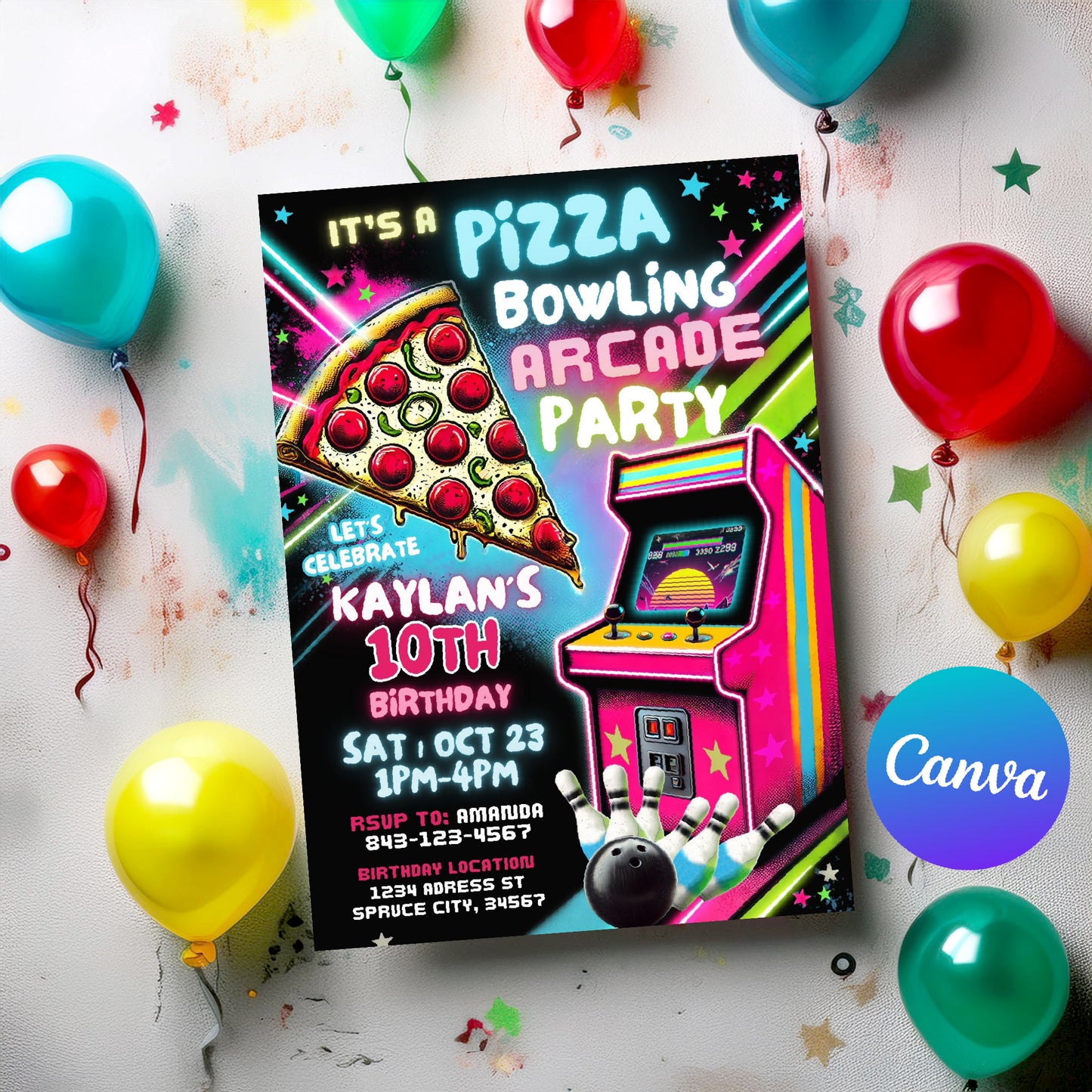 Bowling Arcade Birthday Invitation | Pizza Party Invitation