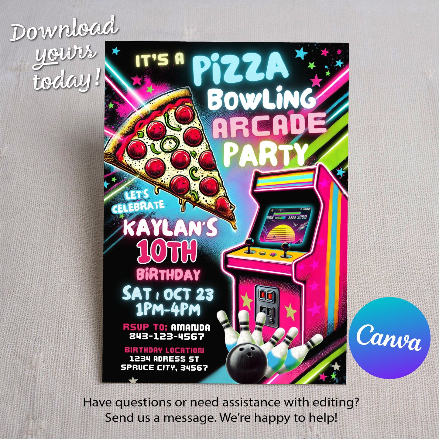 Bowling Arcade Birthday Invitation | Pizza Party Invitation