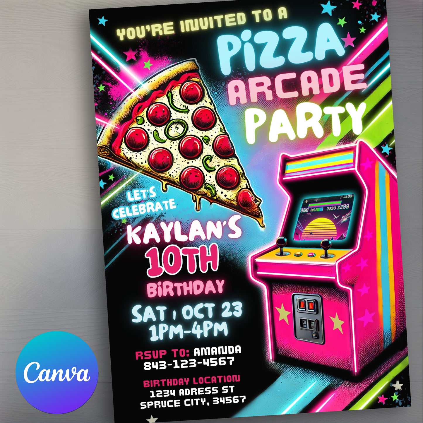 Arcade birthday invitation | Pizza party invite