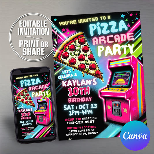 Arcade birthday invitation | Pizza party invite
