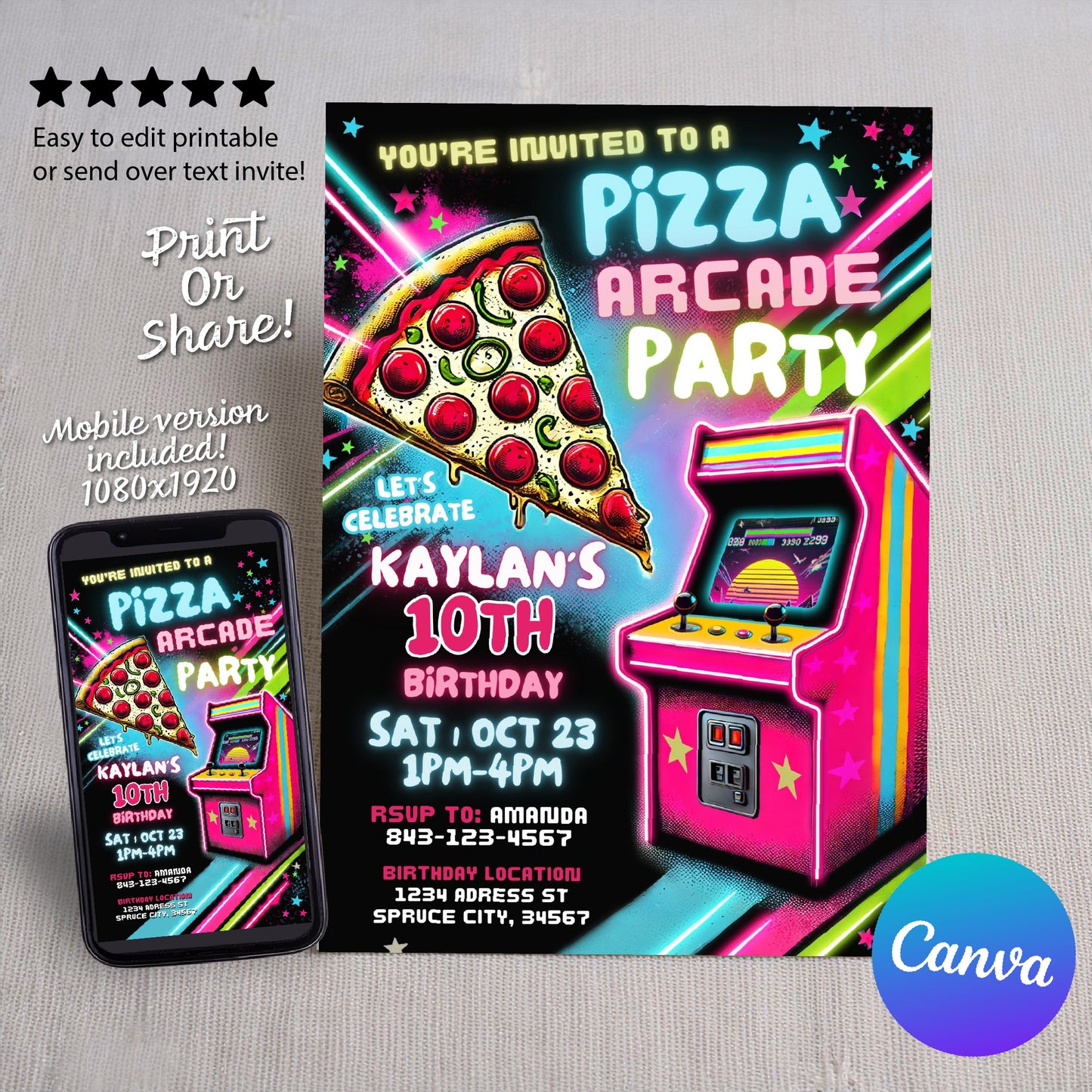 Arcade birthday invitation | Pizza party invite