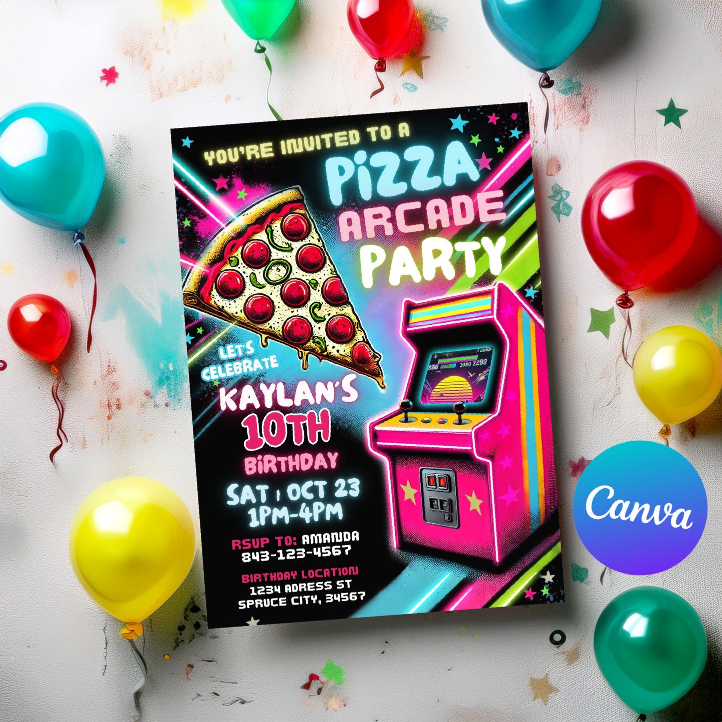 Arcade birthday invitation | Pizza party invite