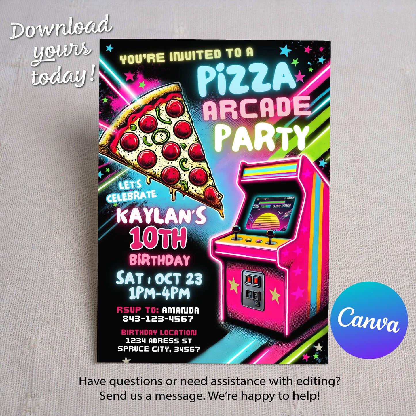 Arcade birthday invitation | Pizza party invite