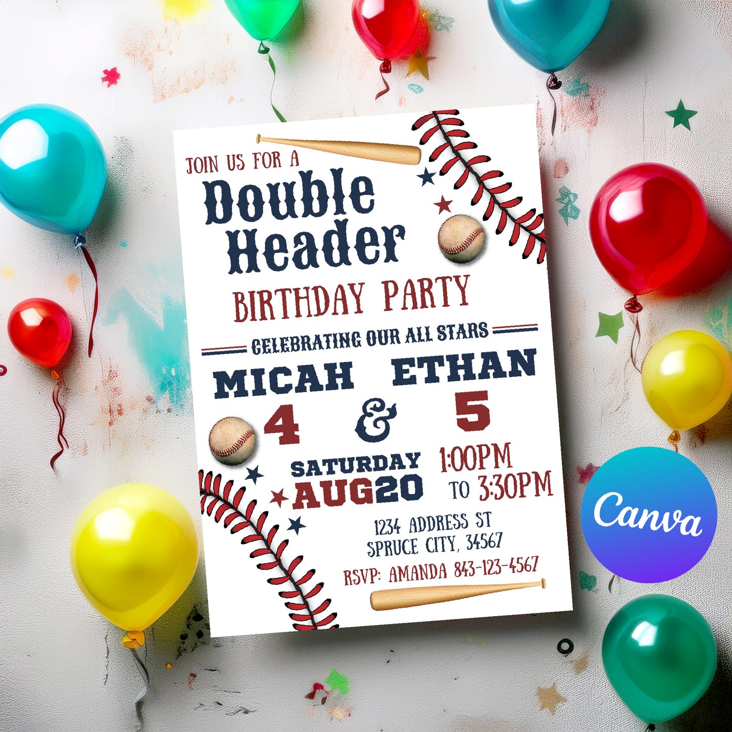 Double Header baseball birthday invitation