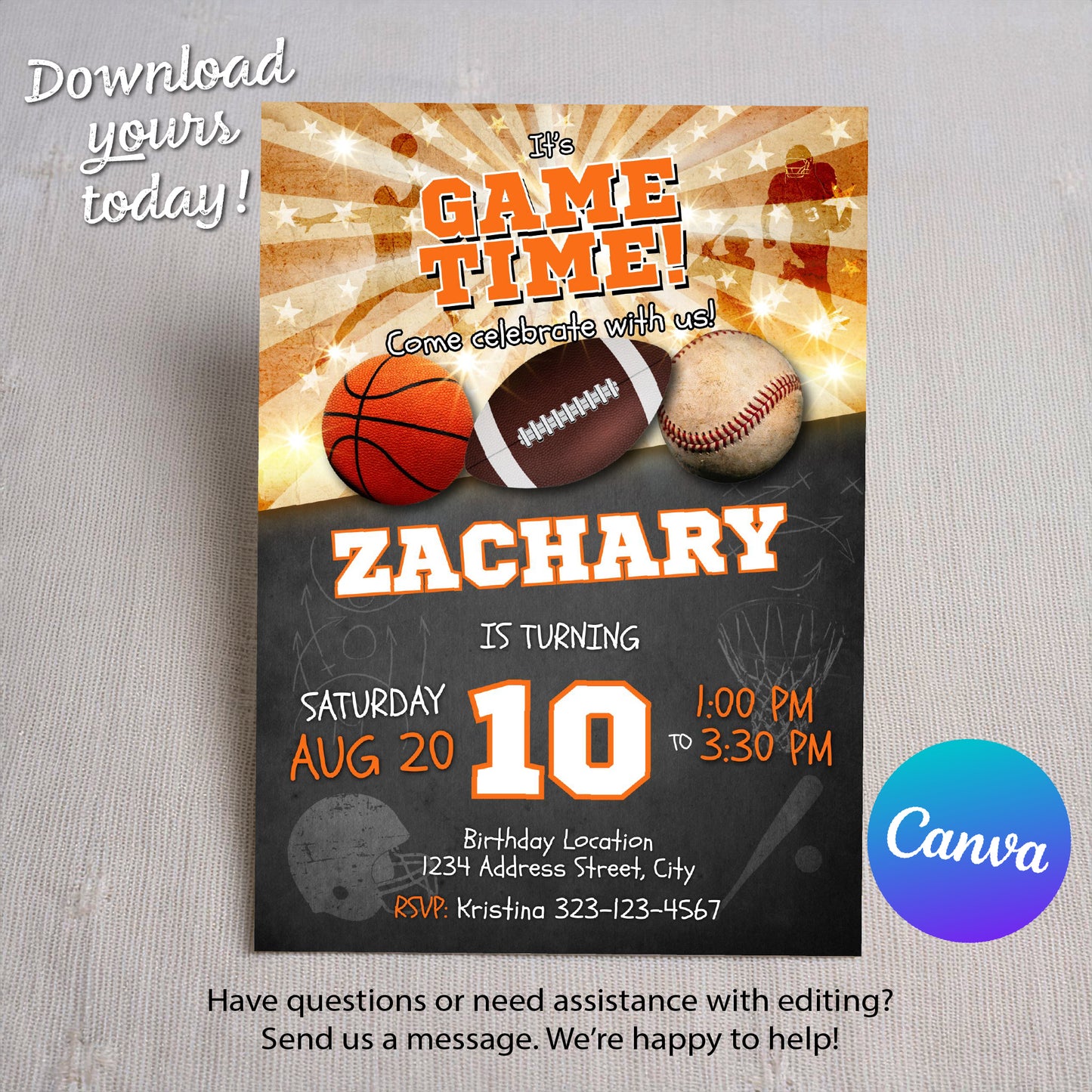 Sports birthday invitation Basketball Football Baseball