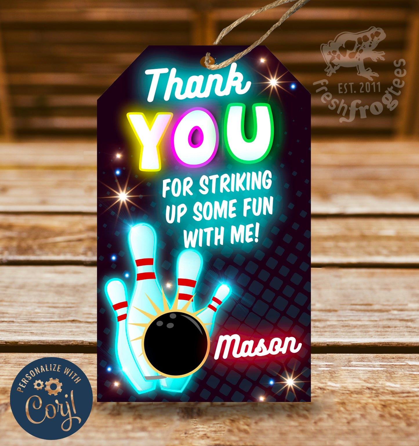 Bowling party thank you tag