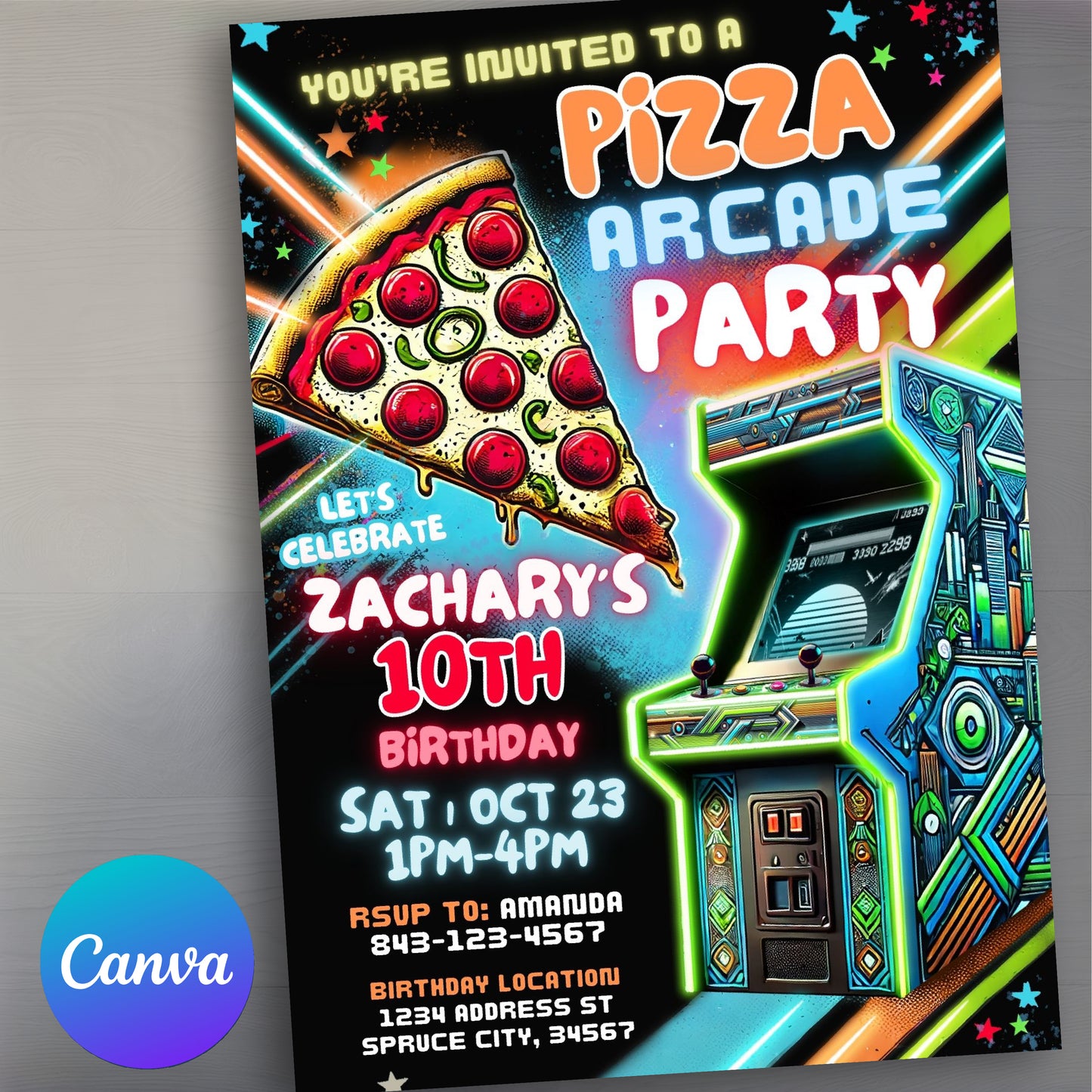 Arcade birthday invitation | Pizza party invite for boys