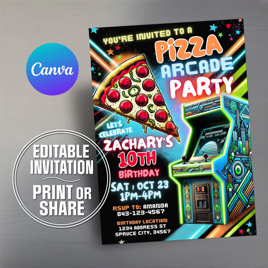 Arcade birthday invitation | Pizza party invite for boys