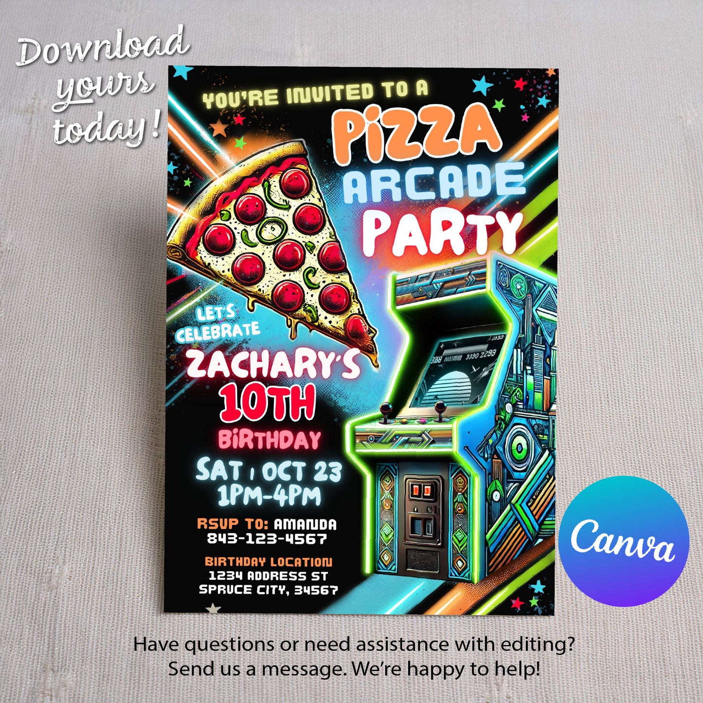 Arcade birthday invitation | Pizza party invite for boys