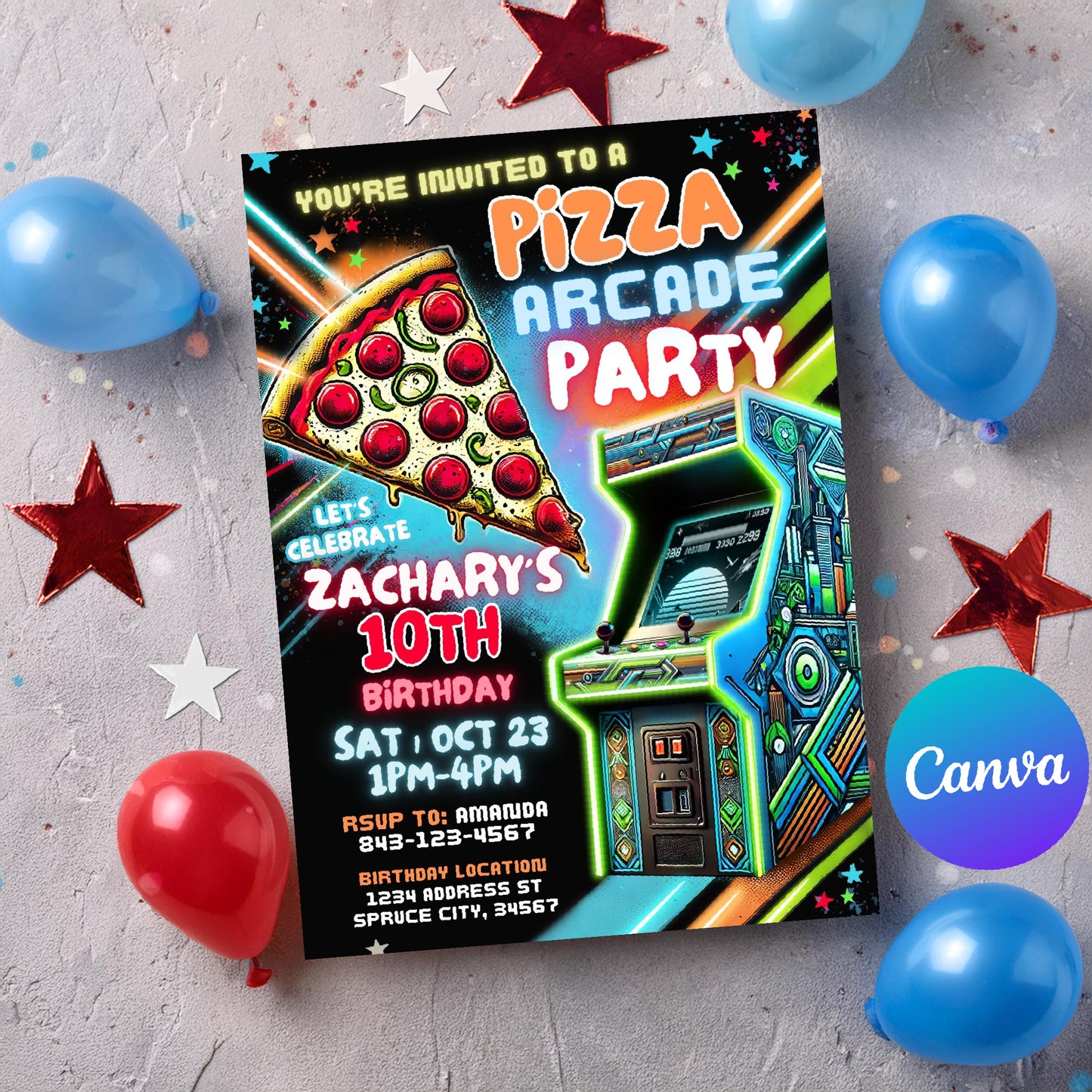 Arcade birthday invitation | Pizza party invite for boys