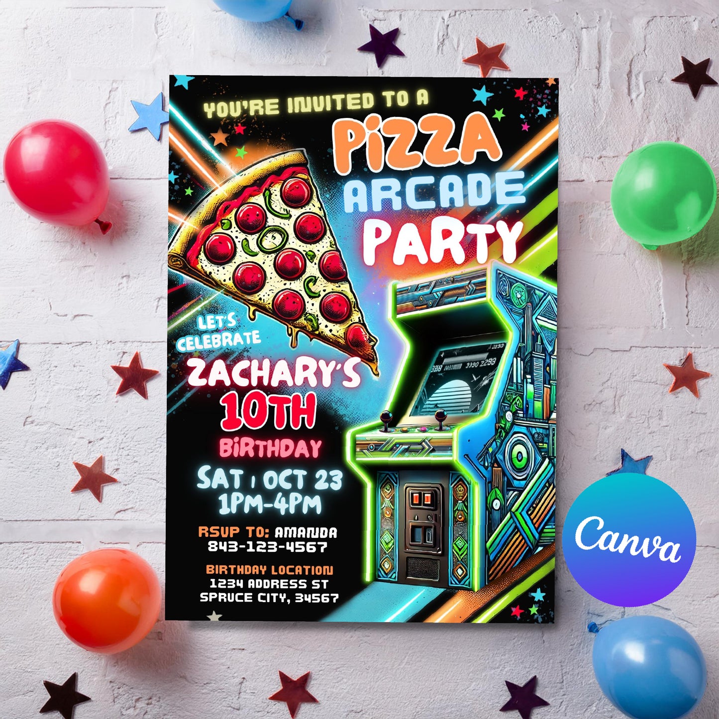 Arcade birthday invitation | Pizza party invite for boys