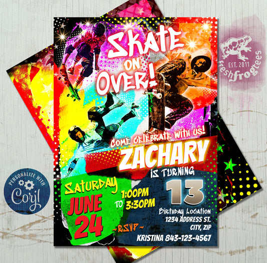 Skateboard birthday invitation editable digital invite