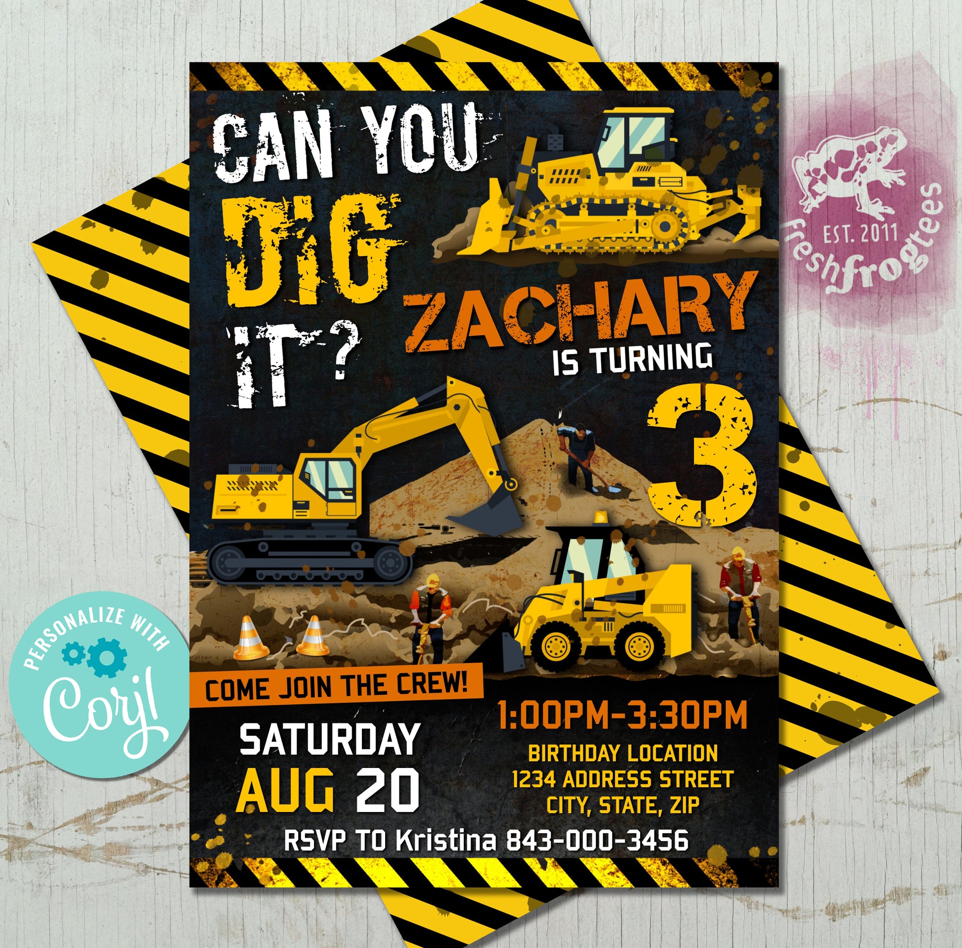 Editable Construction Digger & Bulldozer Birthday Invitation Template