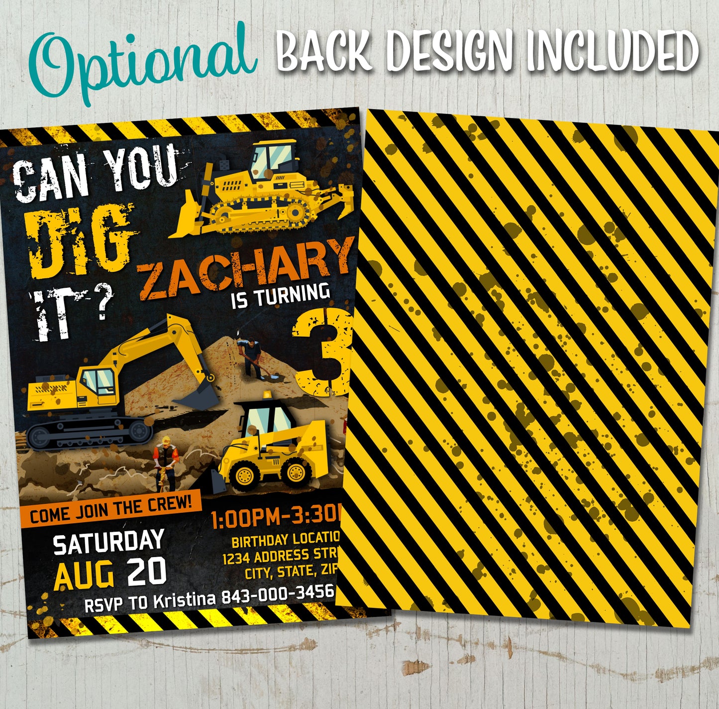 Construction Digger & Bulldozer Invitation Template
