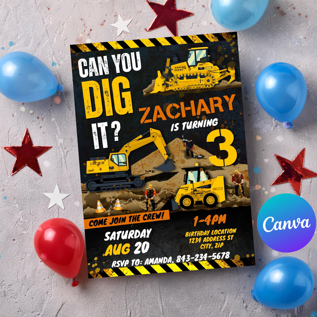 Construction Digger & Bulldozer Invitation Template