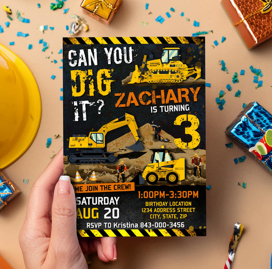 Construction Digger & Bulldozer Invitation Template