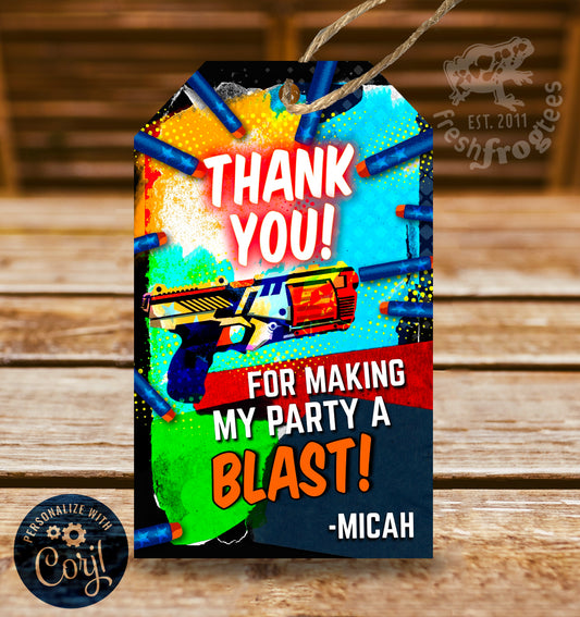Dart Gun Thank You Tag, Dart Gun Birthday Party Favor Tag