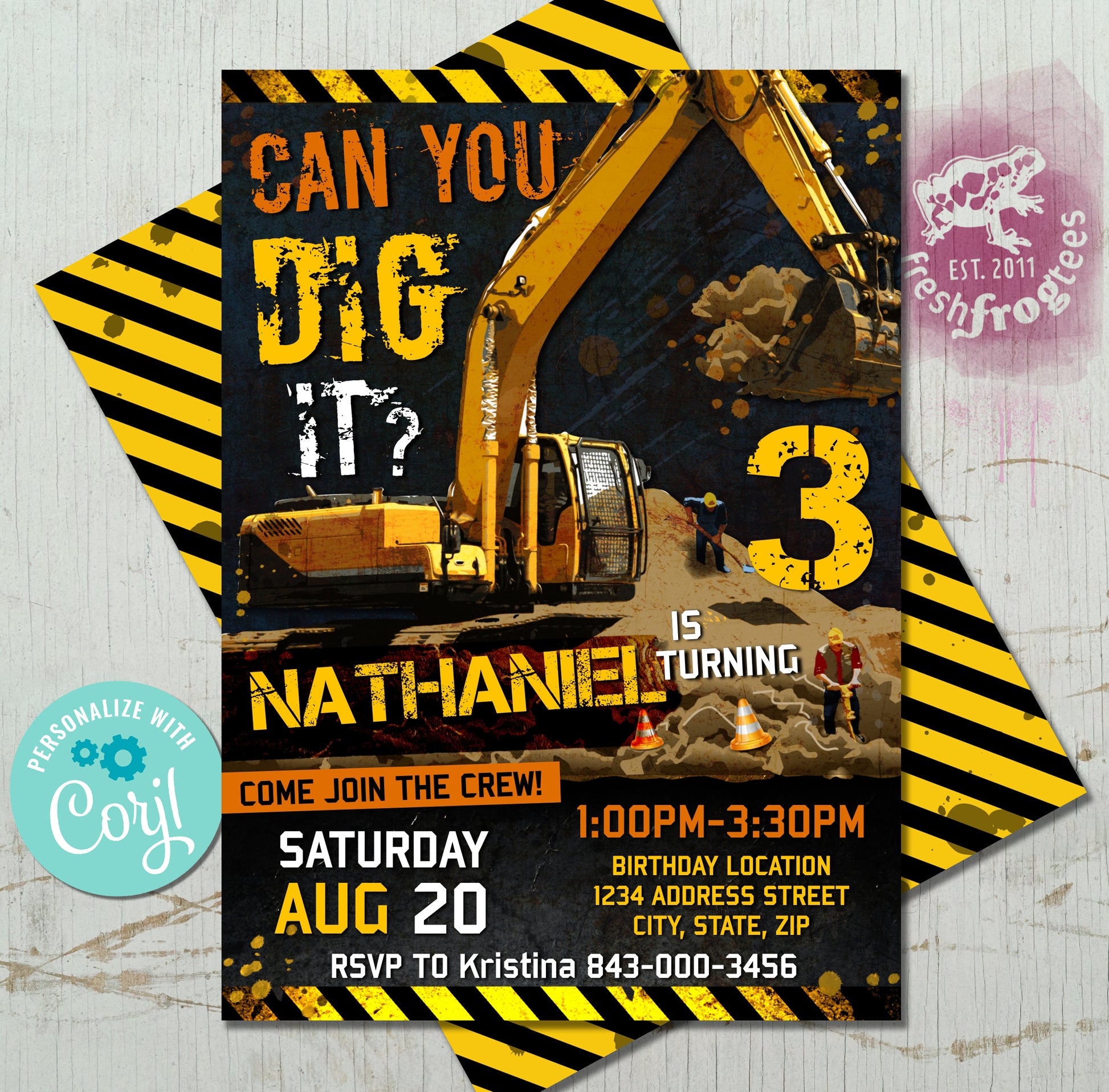 Construction Digger Invitation Template - Customizable Birthday Party Invite