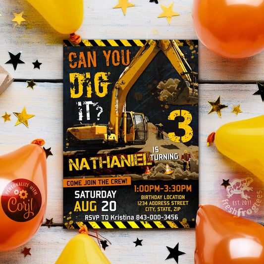 Excavator birthday invitation template