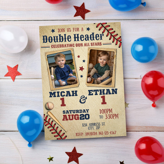 Double Header Joint Baseball Birthday Invitation with photos