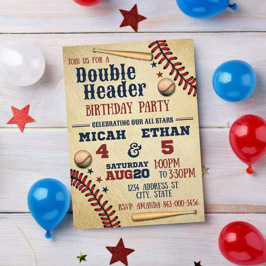 Double Header Joint Baseball Birthday Invitation Template