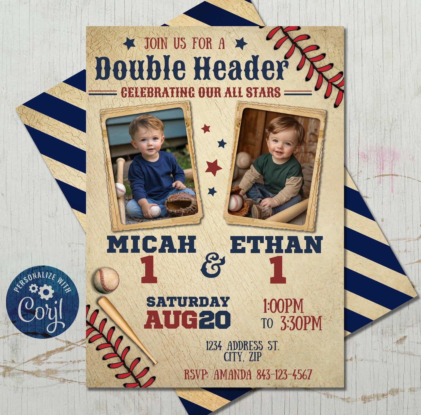 Double Header Joint Baseball Birthday Invitation with photos