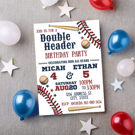 Double Header baseball birthday invitation editable digital invite- Easy Edit!