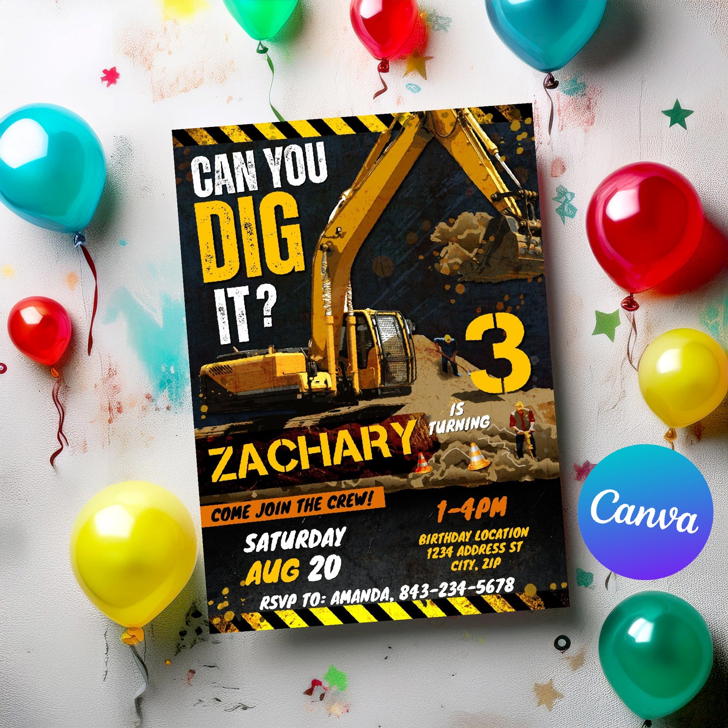 Excavator birthday invitation template